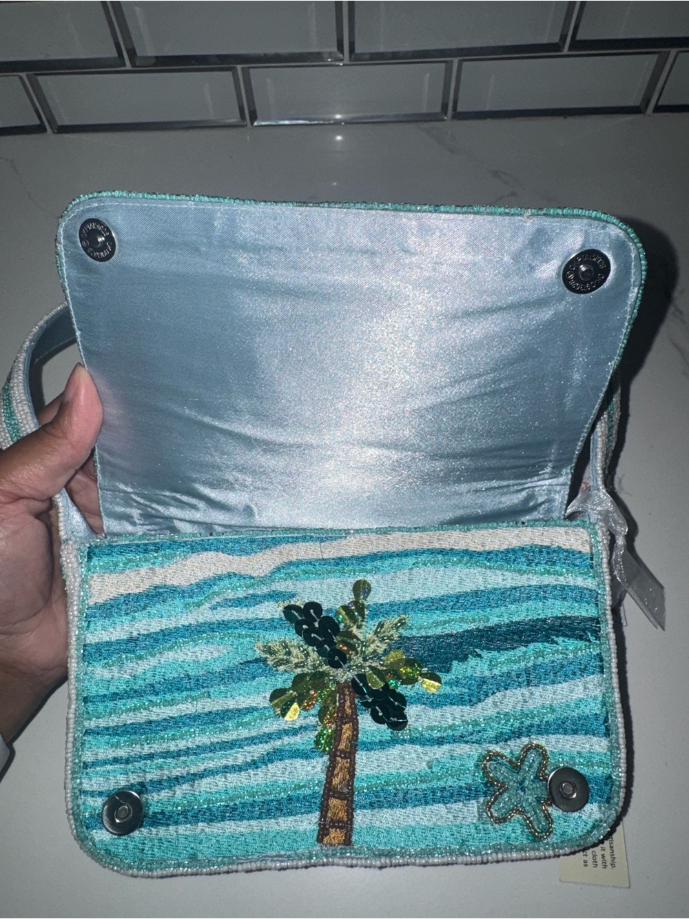 Surfboards and Palm-Trees Sequin Beach Motif Small Shoulder Bag - Aqua Blue NWT! - Picture 5 of 7